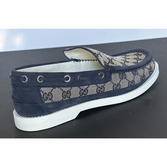 Gucci Men’s GG Leather/Canvas Boat Shoes Beige/Blue 9.5 (Gucci 9) 786485 IT NIB main image 7